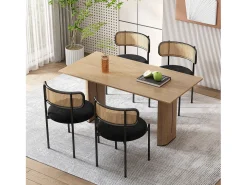 Juego de 6 sillas de comedor de terciopelo y ratán con patas de metal - Negro