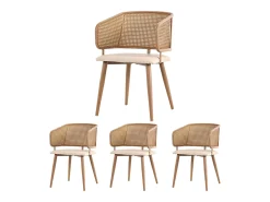 Juego de 4 sillas de comedor con respaldo de ratán y cojines de asiento de piel sintética, cómodas y transpirables.