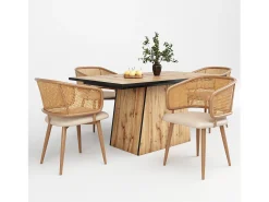 Juego de 4 sillas de comedor con respaldo de ratán y cojines de asiento de piel sintética, cómodas y transpirables.