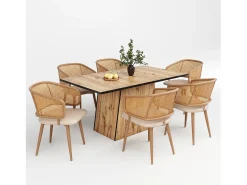 Juego de 4 sillas de comedor con respaldo de ratán y cojines de asiento de piel sintética, cómodas y transpirables.