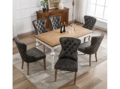 Juego de 6 sillas de comedor, diseño antiguo, con tachuelas, patas de madera maciza, tapizado de terciopelo, color gris (53,5x61x95 cm)