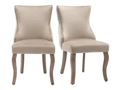 Juego de 2 sillas de comedor, tapizadas con ribete de tachuelas, funda de terciopelo, patas curvas de madera maciza, color beige, con costuras de botones.