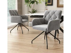 Juego de 4 sillas de comedor de terciopelo gris claro con respaldo de rombos y patas de metal negro
