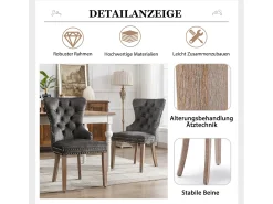 Juego de 4 sillas de comedor - Asiento de terciopelo - Patas de madera maciza - Diseño de lujo - Gris
