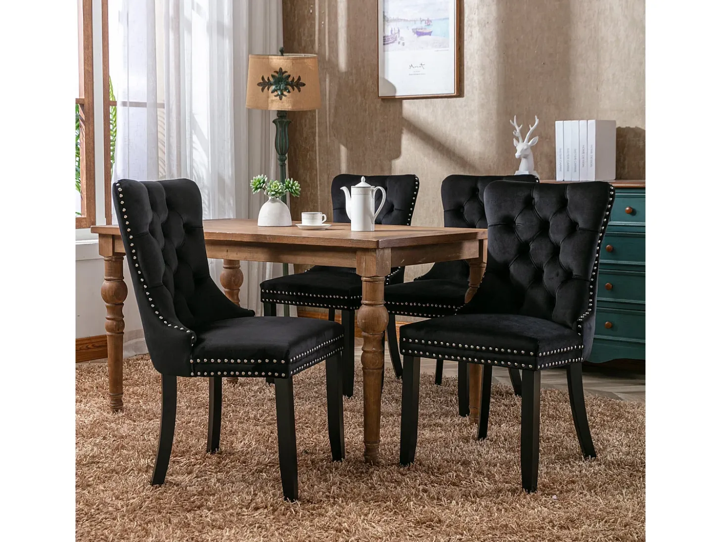 Juego de 2 sillas de comedor - Sillas con respaldo acolchado, patas de madera y ribete de tachuelas - terciopelo negro