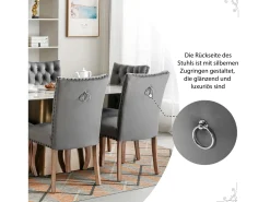 Juego de 2 sillas de comedor, tapizadas con ribete de tachuelas, patas de madera maciza, funda de terciopelo, color gris, con diseño de aldaba.