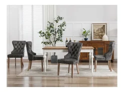 Juego de 4 sillas de comedor, silla decorativa tapizada en terciopelo con ribete de tachuelas y patas de madera maciza, color gris.