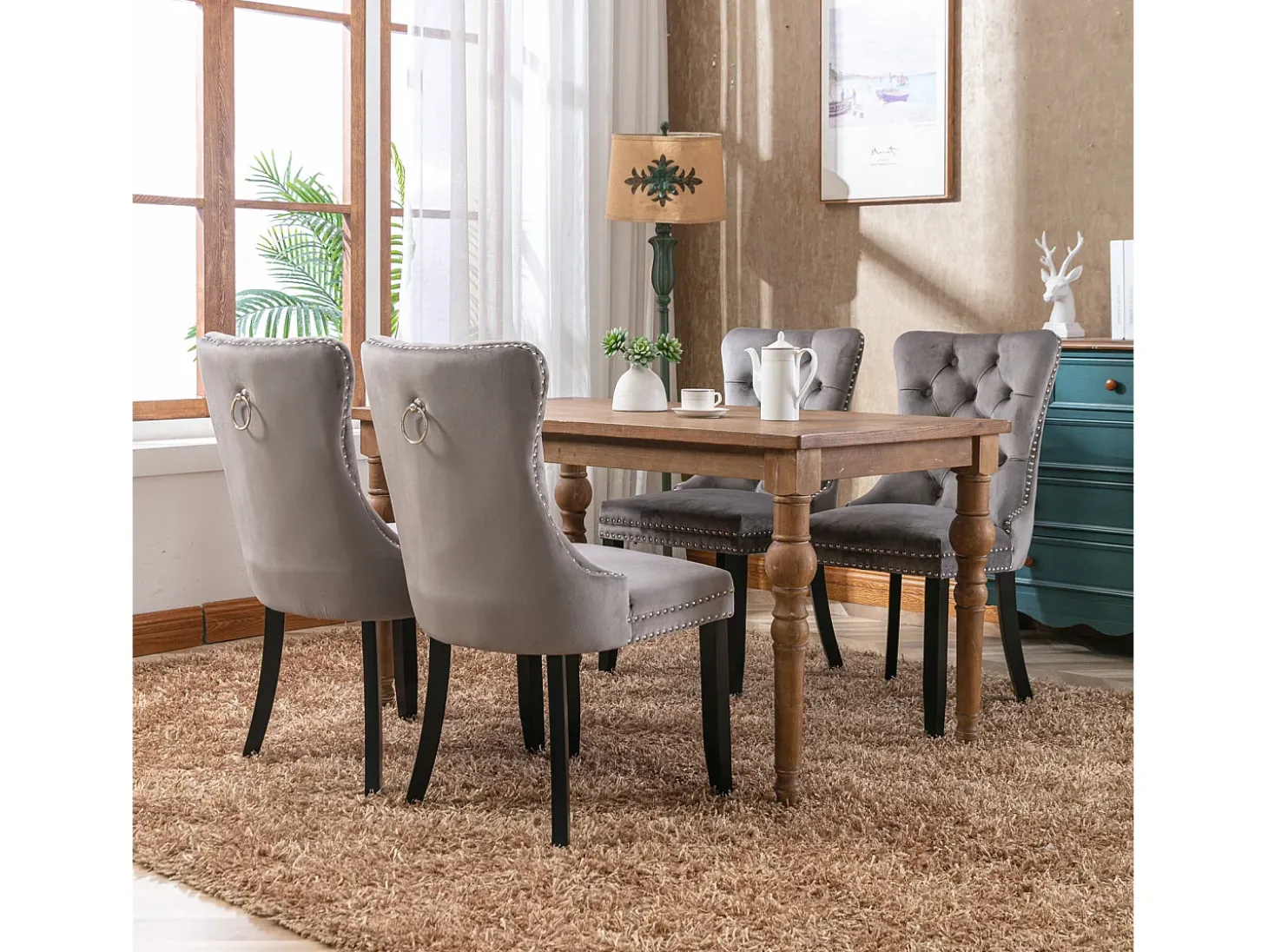 Juego de 2 sillas de comedor - Sillas con respaldo acolchado, patas de madera y ribete de tachuelas - terciopelo gris