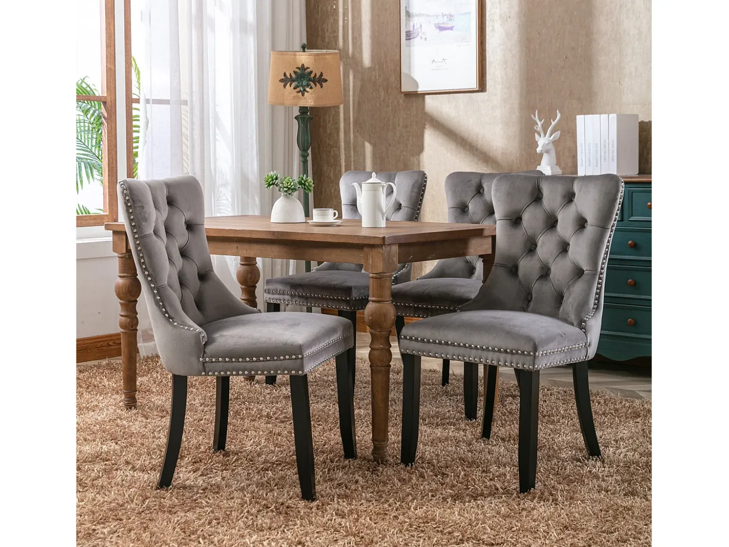 Juego de 2 sillas de comedor - Sillas con respaldo acolchado, patas de madera y ribete de tachuelas - terciopelo gris