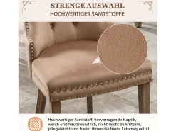 Juego de 4 sillas de comedor, tapizadas con ribete de tachuelas, patas de madera maciza, funda de terciopelo, color marrón, con diseño de aldaba para puerta.