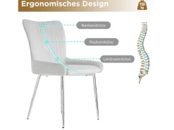 Juego de 2 sillas de comedor de terciopelo - 85 x 58 x 47 cm - Sillón de salón de lujo - Cuatro patas de metal plateado - Gris
