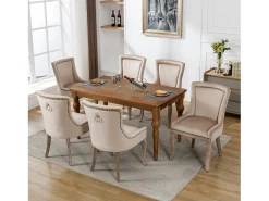 Juego de 6 sillas de comedor de lujo, terciopelo y madera maciza, decoración con remaches, beige