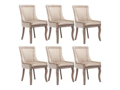 Juego de 6 sillas de comedor de lujo, terciopelo y madera maciza, decoración con remaches, beige