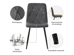 Juego de 4 sillas de comedor, gris oscuro, silla de diseño tapizada, lino sarga, con respaldo, patas de metal