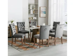 Juego de 6 sillas de comedor - sillas de comedor de terciopelo gris - con respaldo acolchado y patas de madera
