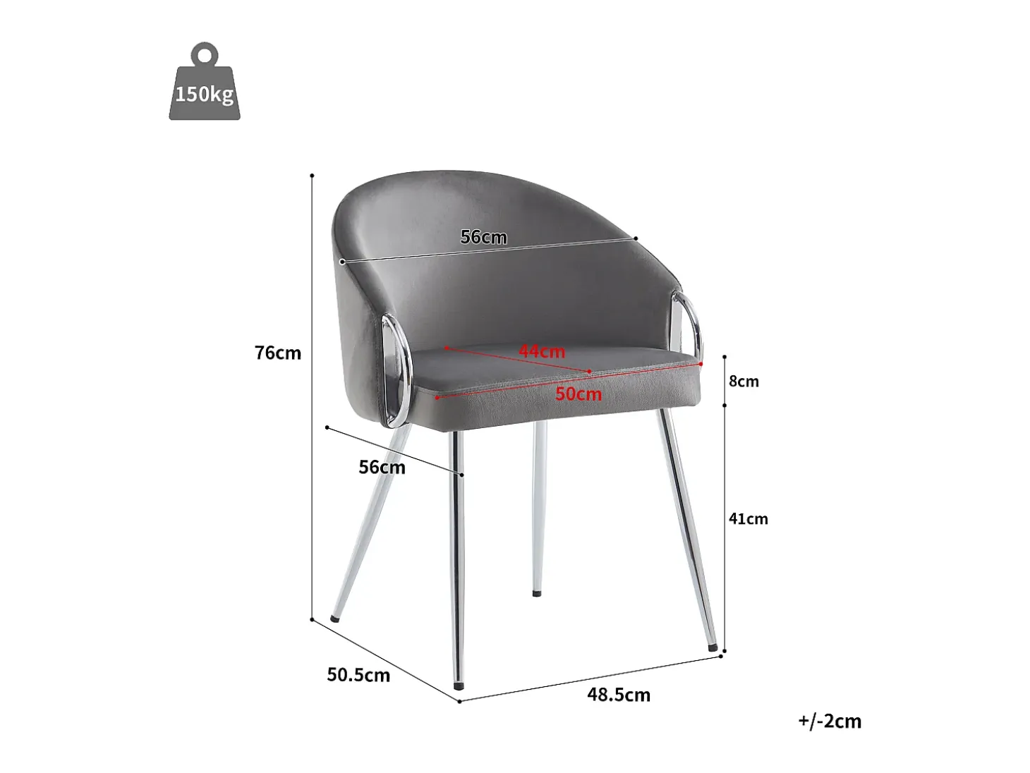 Juego de 2 sillas de comedor con reposabrazos - 56 x 56 x 76 cm - Patas de terciopelo y metal dorado - Gris