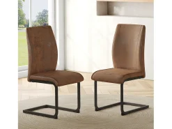 Juego de 2 sillas de comedor, piel sintética marrón, respaldo acolchado, patas de metal negro