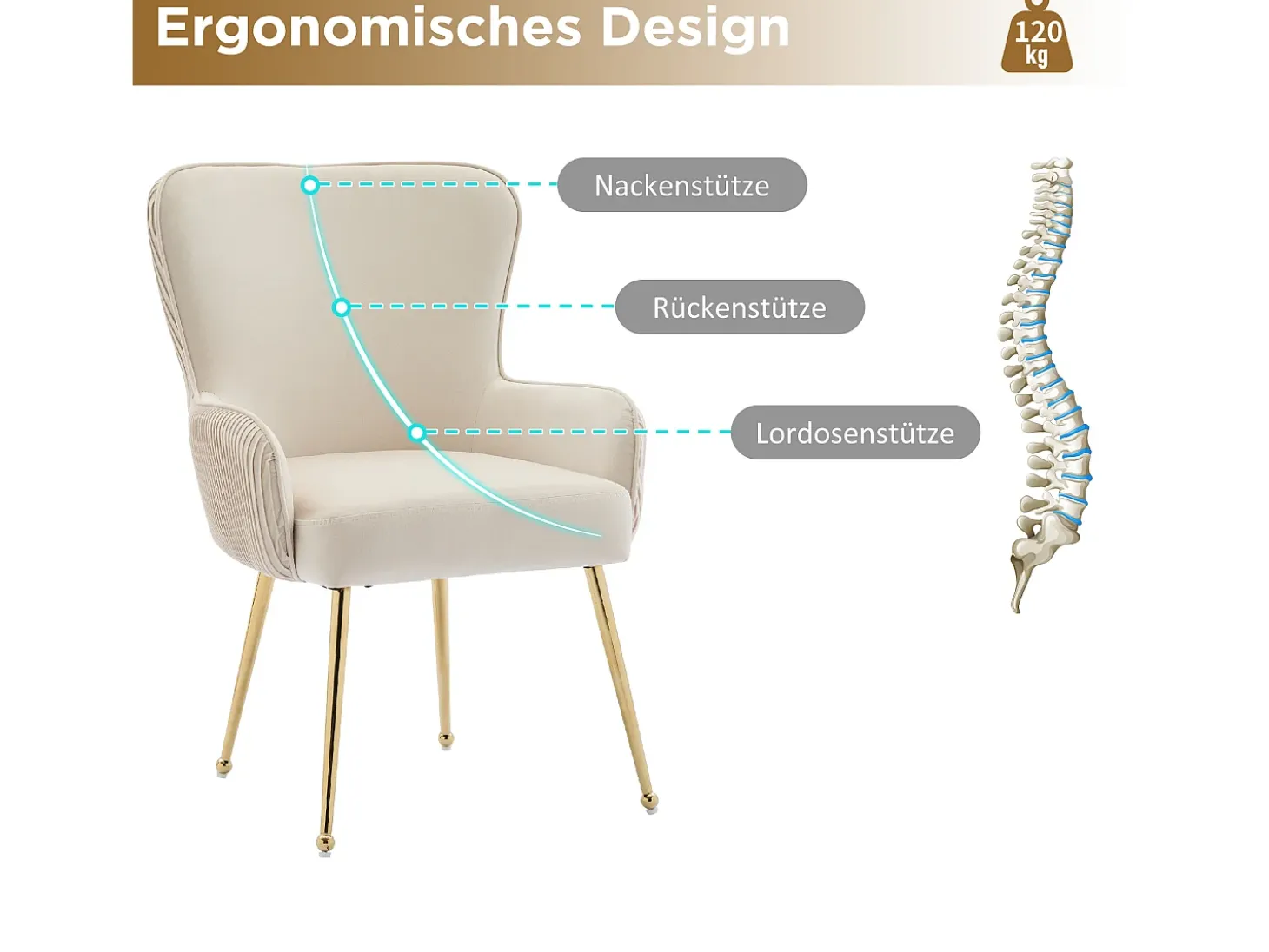 Juego de 6 sillas de comedor de terciopelo beige con reposabrazos, patas de metal dorado, soporte lumbar y patas ajustables (69 x 58,5 x 56 cm)