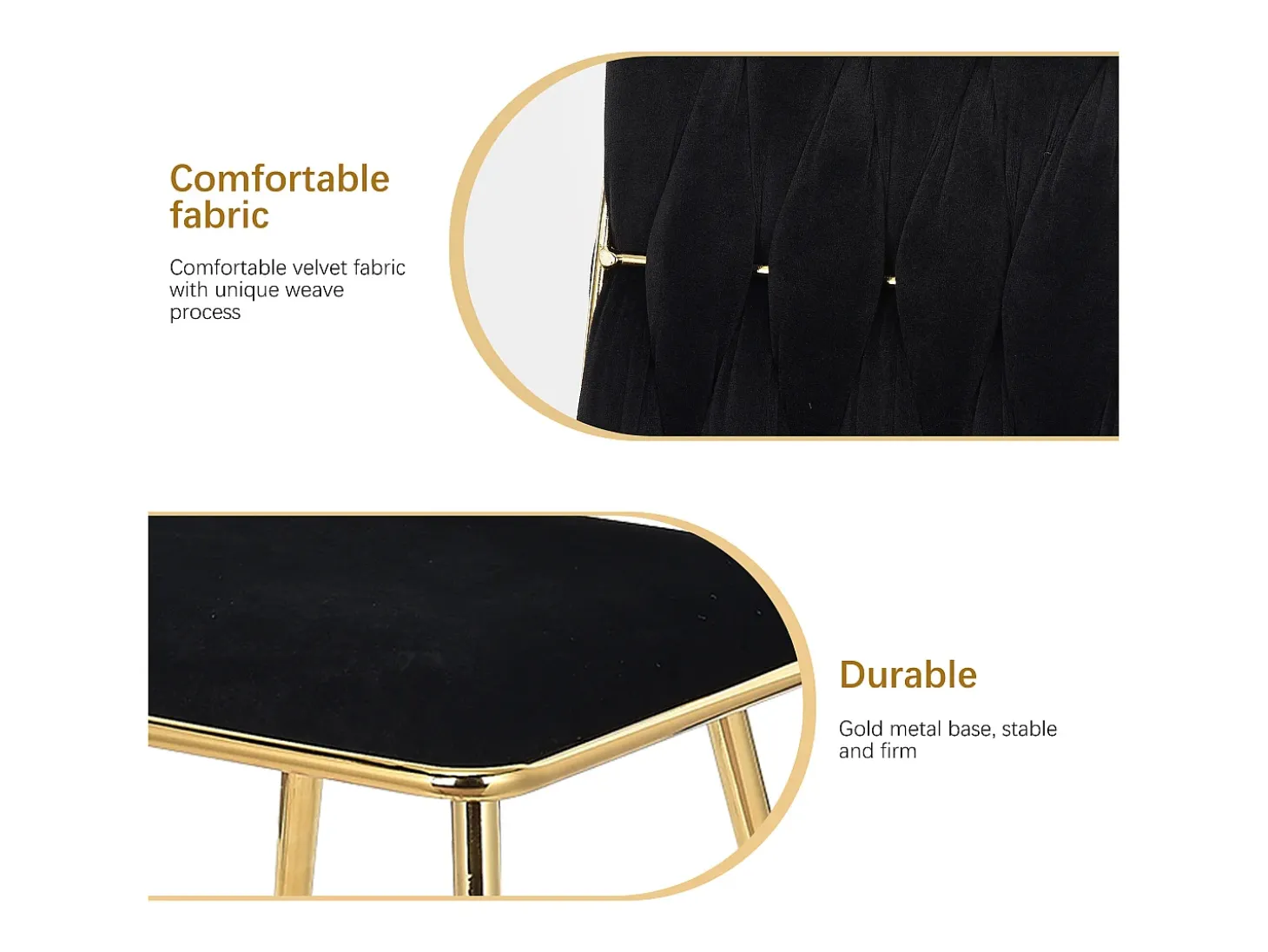 Juego de 2 sillas de comedor modernas tapizadas en terciopelo con estructura de metal dorado, color negro.