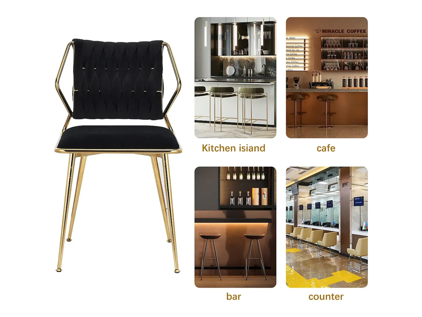 Juego de 2 sillas de comedor modernas tapizadas en terciopelo con estructura de metal dorado, color negro.