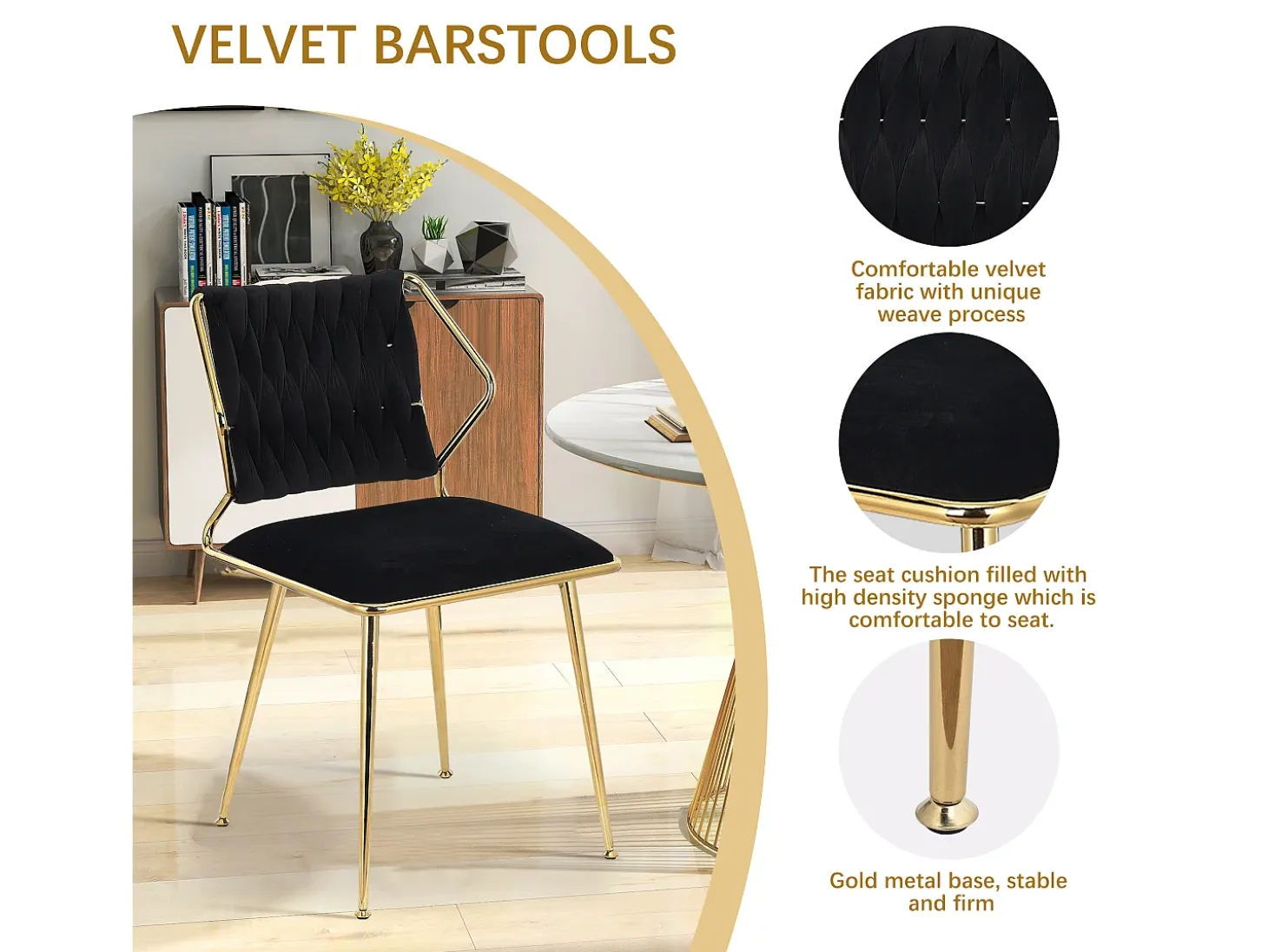 Juego de 2 sillas de comedor modernas tapizadas en terciopelo con estructura de metal dorado, color negro.