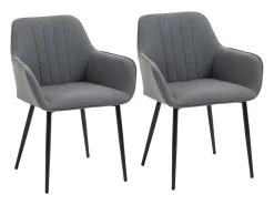Juego de 2 sillas de comedor, cómodas con tapizado de lino transpirable, respaldo y reposabrazos, patas de metal, color gris oscuro.