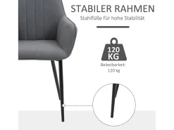 Juego de 2 sillas de comedor, cómodas con tapizado de lino transpirable, respaldo y reposabrazos, patas de metal, color gris oscuro.