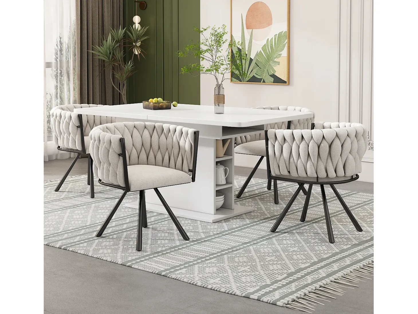 Juego de 2 sillas de comedor giratorias con reposabrazos - 59 x 54 x 72 cm - Tejido de lino - Beige + Negro