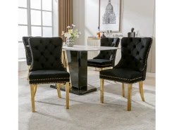 Juego de 4 sillas de comedor - terciopelo negro - Silla tapizada con ribete tachonado y patas de metal dorado
