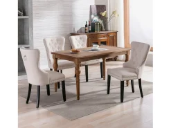 Juego de 2 sillas de comedor de lino con patas de roble, botones decorativos y tachuelas cromadas. Ideal para cocina, salón o salón, color beige (50 x 54 x 97 cm).