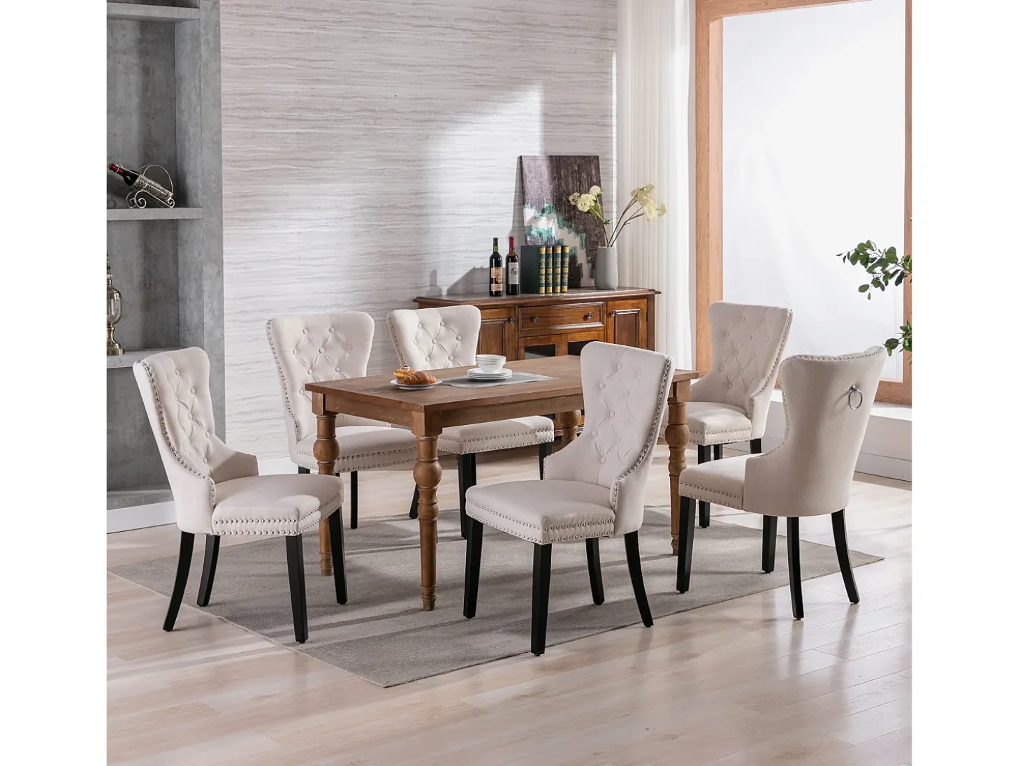 Juego de 2 sillas de comedor de lino con patas de roble, botones decorativos y tachuelas cromadas. Ideal para cocina, salón o salón, color beige (50 x 54 x 97 cm).