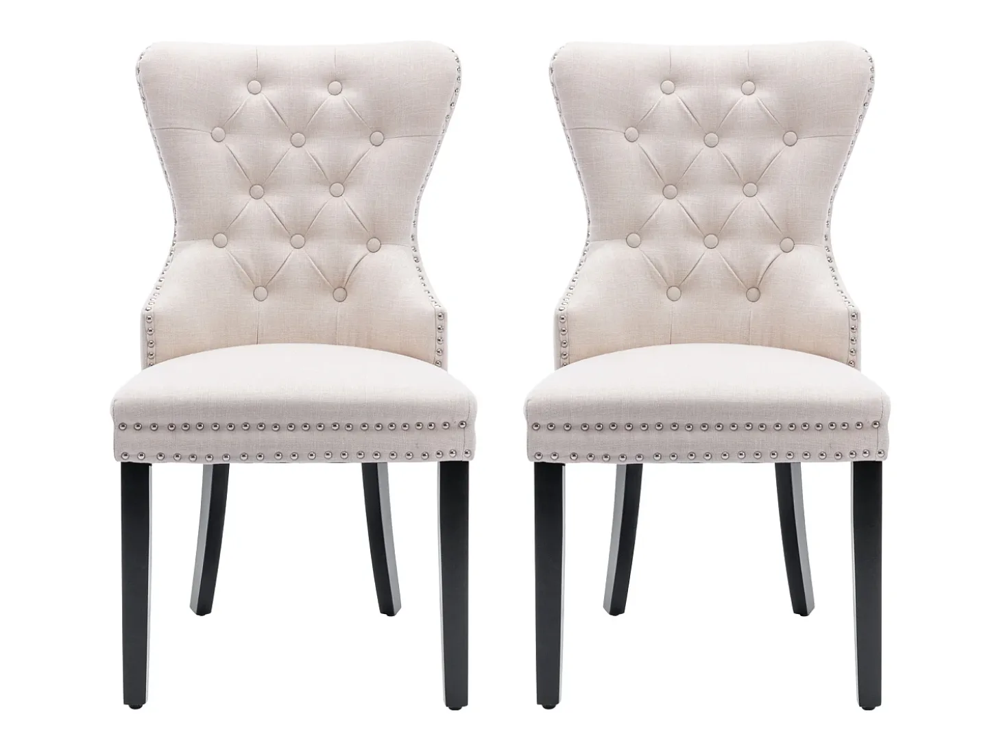 Juego de 2 sillas de comedor de lino con patas de roble, botones decorativos y tachuelas cromadas. Ideal para cocina, salón o salón, color beige (50 x 54 x 97 cm).
