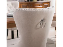 Juego de 2 sillas de comedor de lino con patas de roble, botones decorativos y tachuelas cromadas. Ideal para cocina, salón o salón, color beige (50 x 54 x 97 cm).