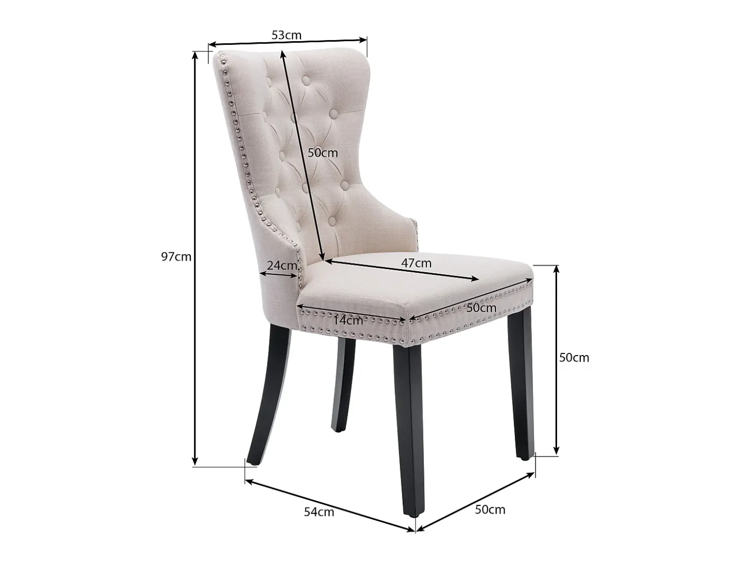Juego de 2 sillas de comedor de lino con patas de roble, botones decorativos y tachuelas cromadas. Ideal para cocina, salón o salón, color beige (50 x 54 x 97 cm).