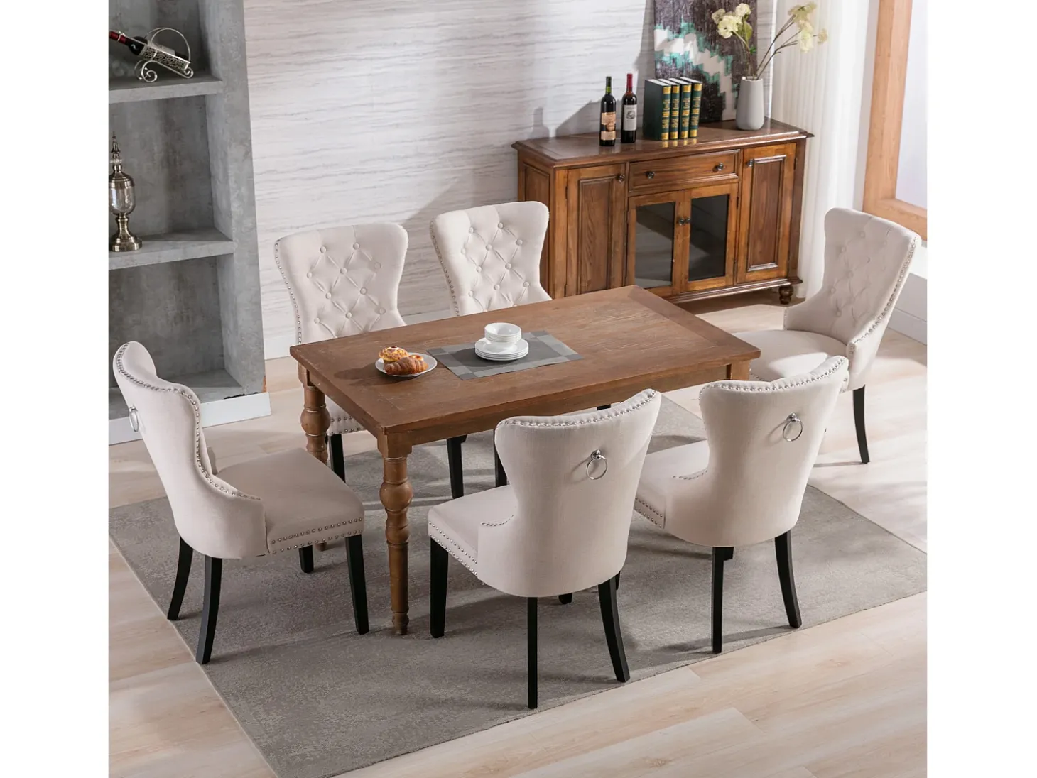 Juego de 2 sillas de comedor de lino con patas de roble, botones decorativos y tachuelas cromadas. Ideal para cocina, salón o salón, color beige (50 x 54 x 97 cm).