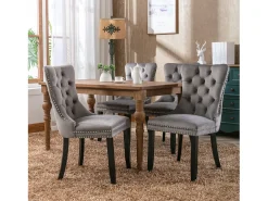 Juego de 2 sillas de comedor en terciopelo gris con tachuelas decorativas y respaldo acolchado