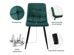 Juego de 4 sillas de comedor, verde oscuro, diseño de silla tapizada con respaldo, terciopelo, estructura de metal
