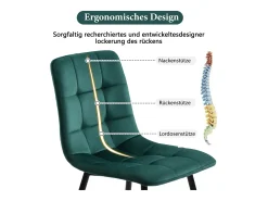 Juego de 4 sillas de comedor, verde oscuro, diseño de silla tapizada con respaldo, terciopelo, estructura de metal
