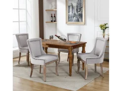 Juego de 4 sillas de comedor - asientos tapizados adornados con tachuelas decorativas y patas de madera maciza - terciopelo gris