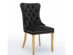 Juego de 2 sillas de comedor en terciopelo negro con respaldo acolchado y patas de metal dorado