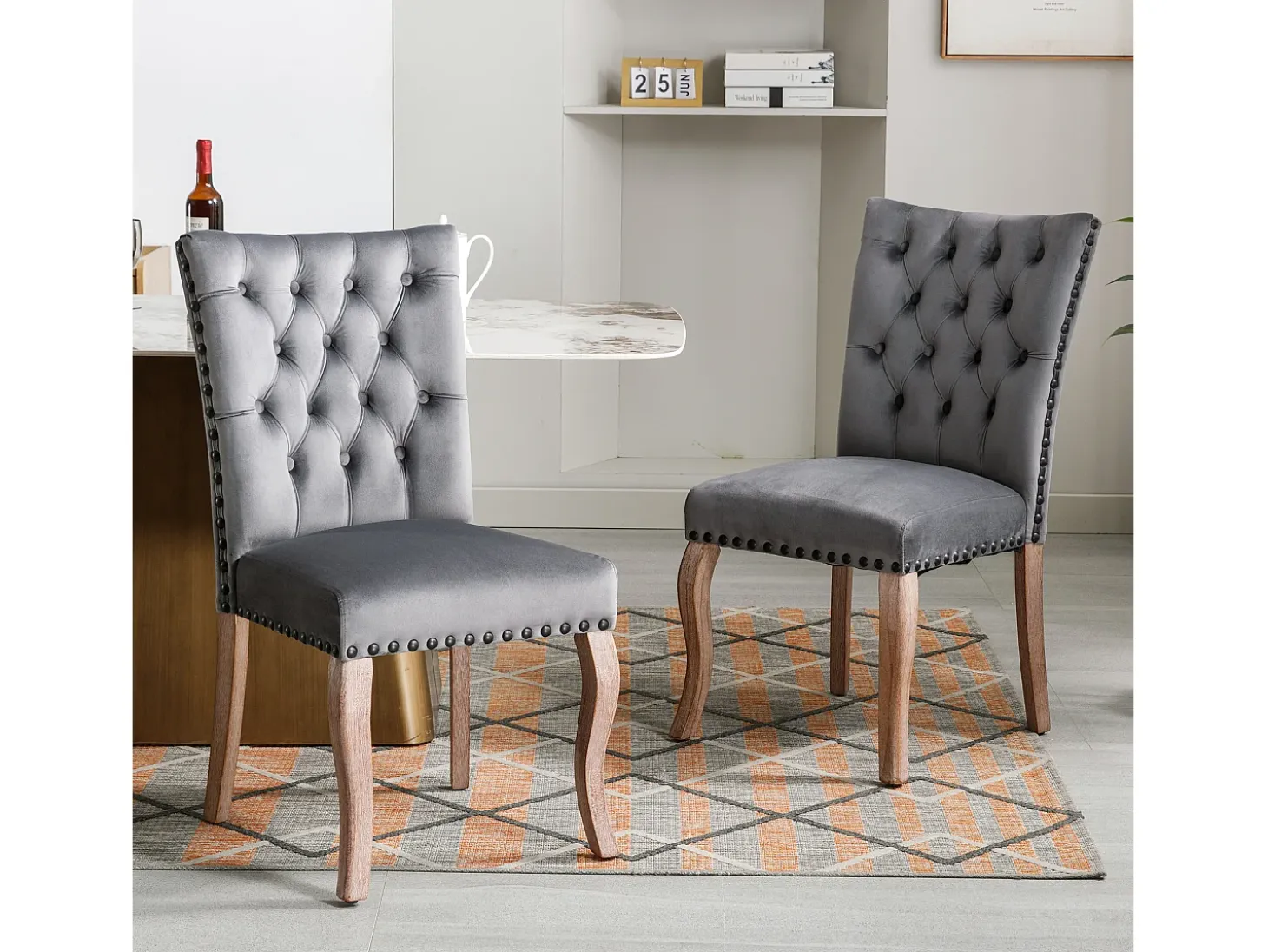 Juego de 2 sillas de comedor - silla de comedor de terciopelo gris - con respaldo acolchado y patas de madera