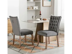 Juego de 2 sillas de comedor - silla de comedor de terciopelo gris - con respaldo acolchado y patas de madera