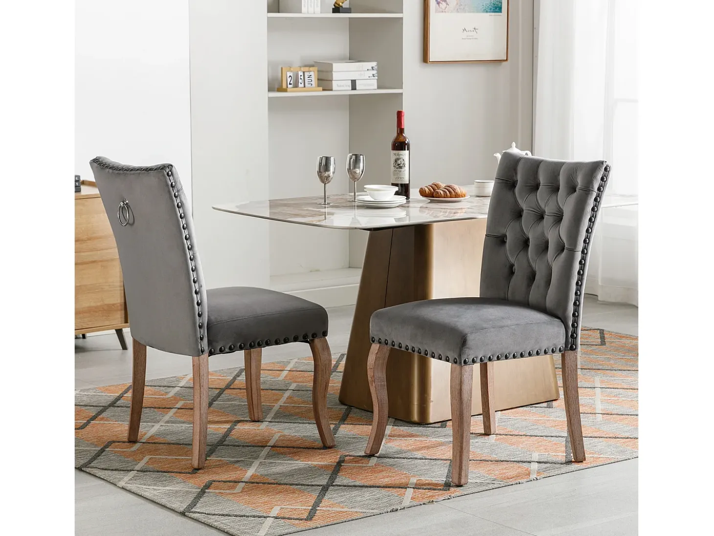 Juego de 2 sillas de comedor - silla de comedor de terciopelo gris - con respaldo acolchado y patas de madera