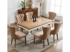 Juego de 6 sillas de comedor, tapizadas en terciopelo, con detalles de tachuelas y patas de madera maciza, color marrón.
