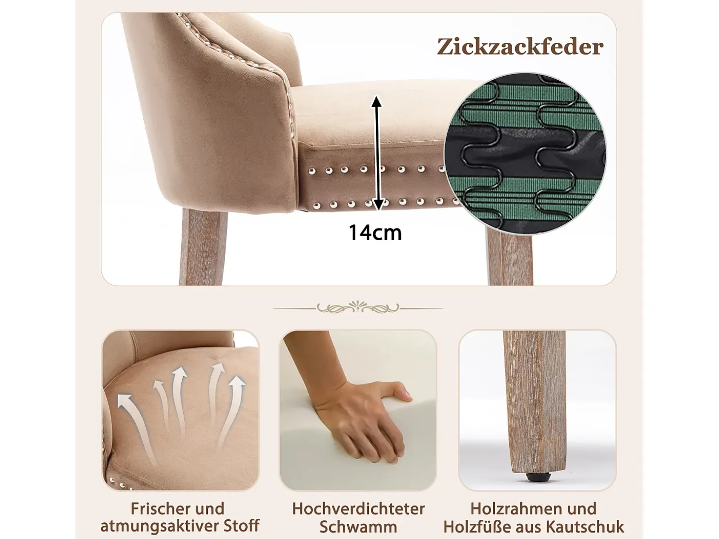 Juego de 4 sillas de comedor - sillas de salón con respaldo - asiento de terciopelo y patas de madera maciza - marrón