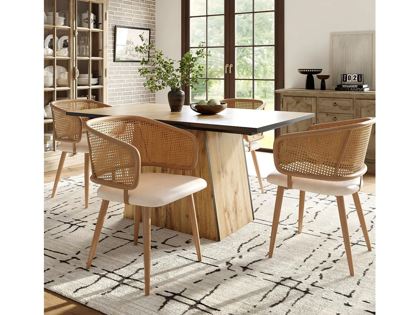 Juego de 2 sillas de comedor con respaldo de ratán y cojines de asiento de terciopelo, color beige