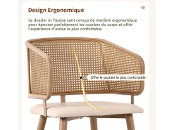 Juego de 2 sillas de comedor con respaldo de ratán y cojines de asiento de terciopelo, color beige