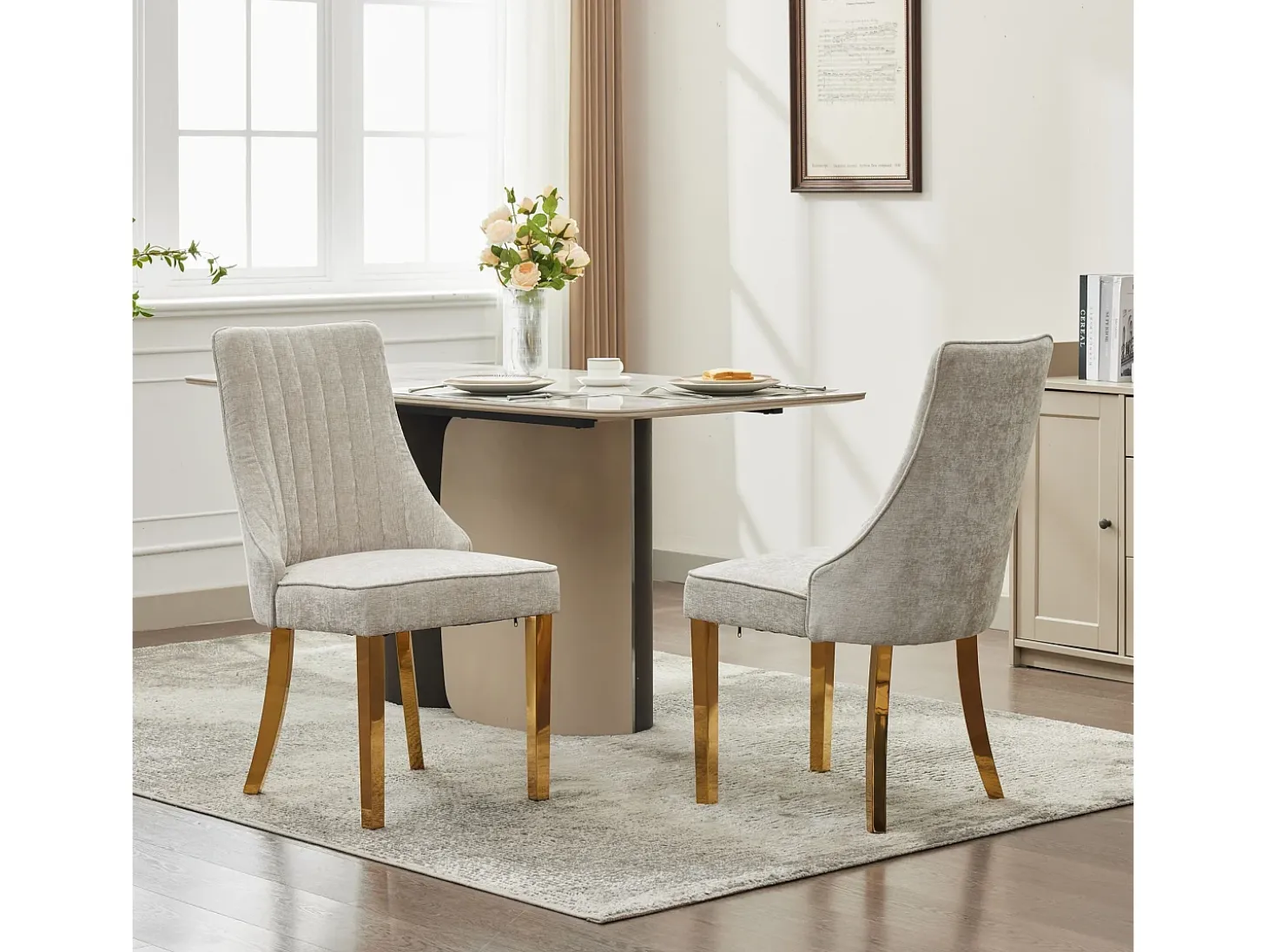 Juego de 2 sillas de comedor - Sillas con patas de acero inoxidable galvanizado en oro y respaldos acolchados - chenilla azul