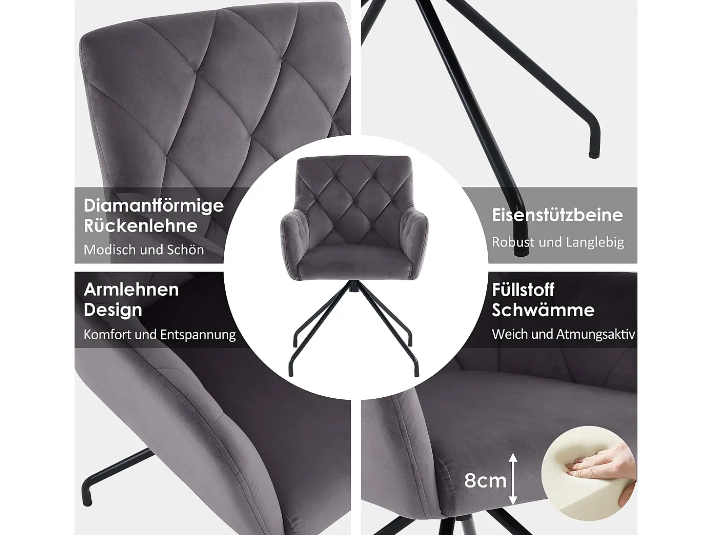 Juego de 2 sillas de comedor de terciopelo - 85 x 49 x 49 cm - sillón tapizado con 4 patas de metal - con soporte lumbar - gris