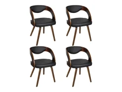 Juego de 4 sillas de comedor de madera curvada marrón y piel sintética.